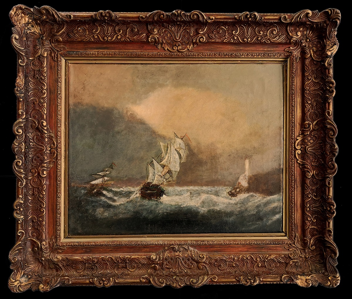 tableau hollandais navires dans la tempête marine fin 19ème