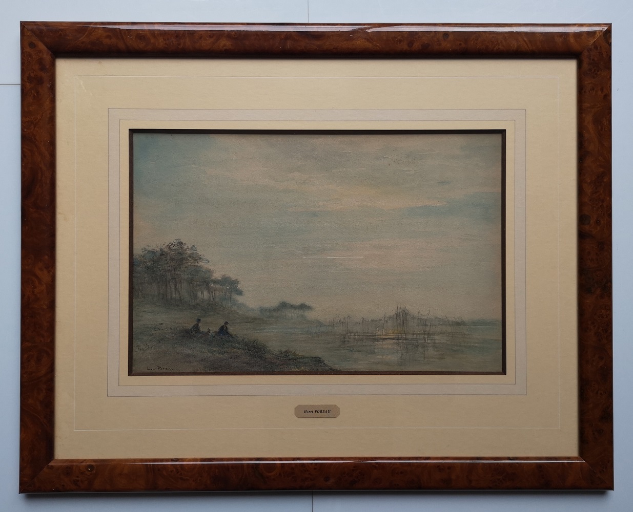 henri foreau aquarelle paysage animé au bors d'un lac étang